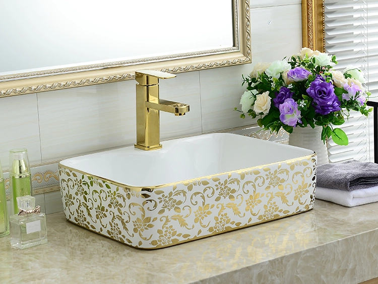 Modern Sanitary Ware Gold Plated Ceramic Wash Basin Price in Bangladesh Golden Bathroom Decorative Ceramic Sink Gold Color Floral Design Wash Basin