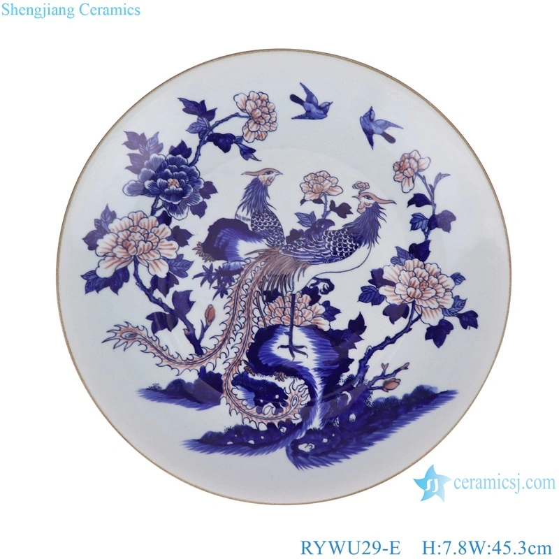 Blue and White Underglaze Red Handpainted Landscape, Dragon, Phoenix Flower and Bird Pattern Home Decorative Plate